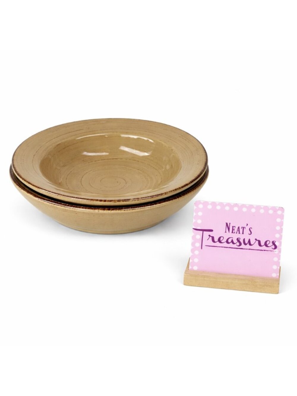 Tag Ltd SONOMA TAN Rustic Brown Edge Ironstone Large Rim Soup Pasta Bowls Set 2